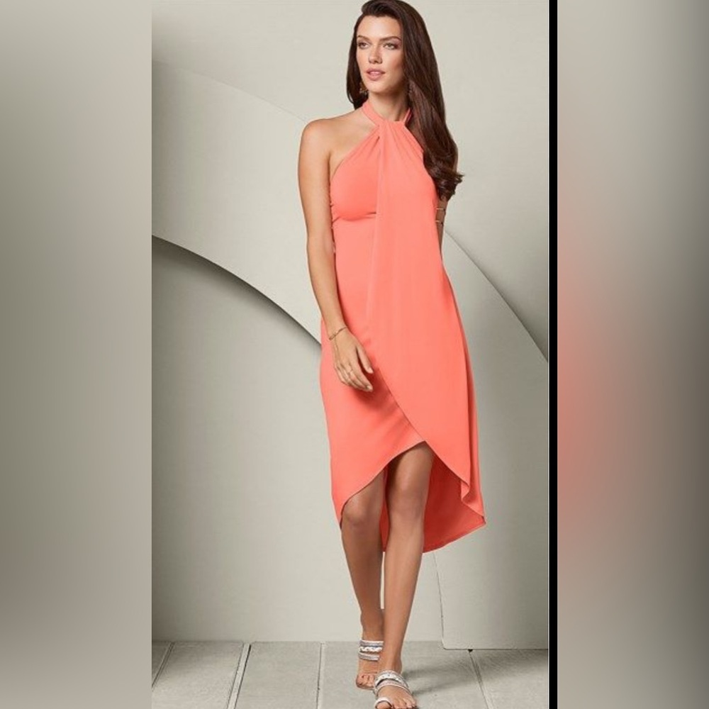 VENUS Coral High Low Halter Dress